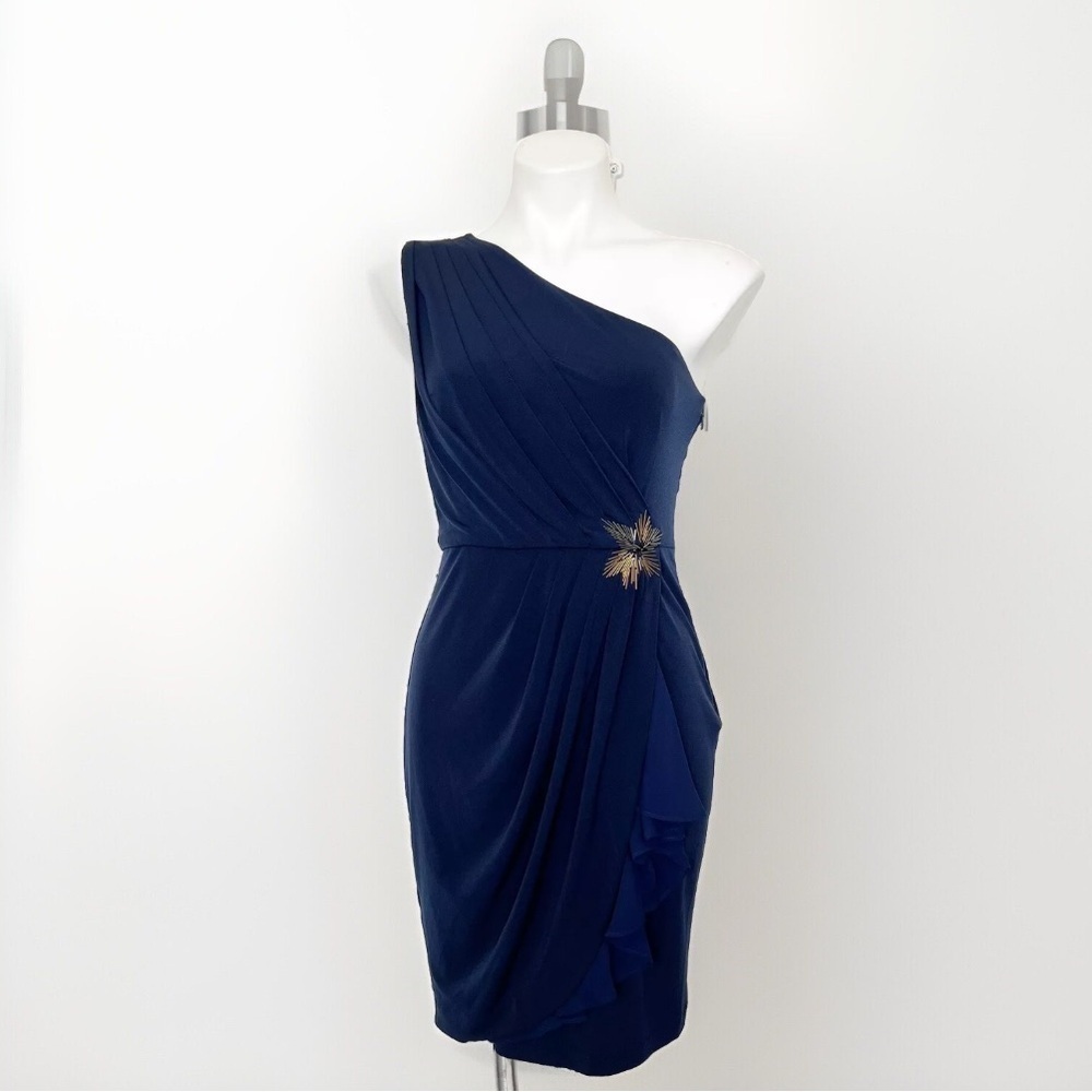 Max and Cleo Navy Blue One Shoulder Ruffle Cocktail Wedding Guest Dress Size 4 - Picture 3 of 14